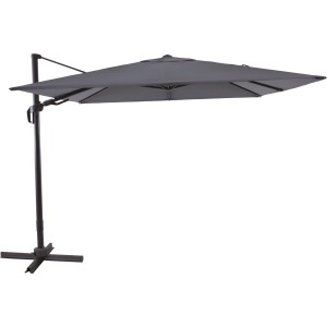 Quadratischer, anthrazitfarbener Ampelschirm Aros 2,8x2,8m mit Kurbel und Plattenständer.