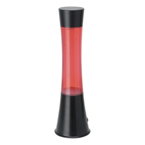 Moderne Eglo LED-Lavatischleuchte in Schwarz mit roter Flüssigkeit und weißem Wachs. Zylindrische Form, dekorativ.