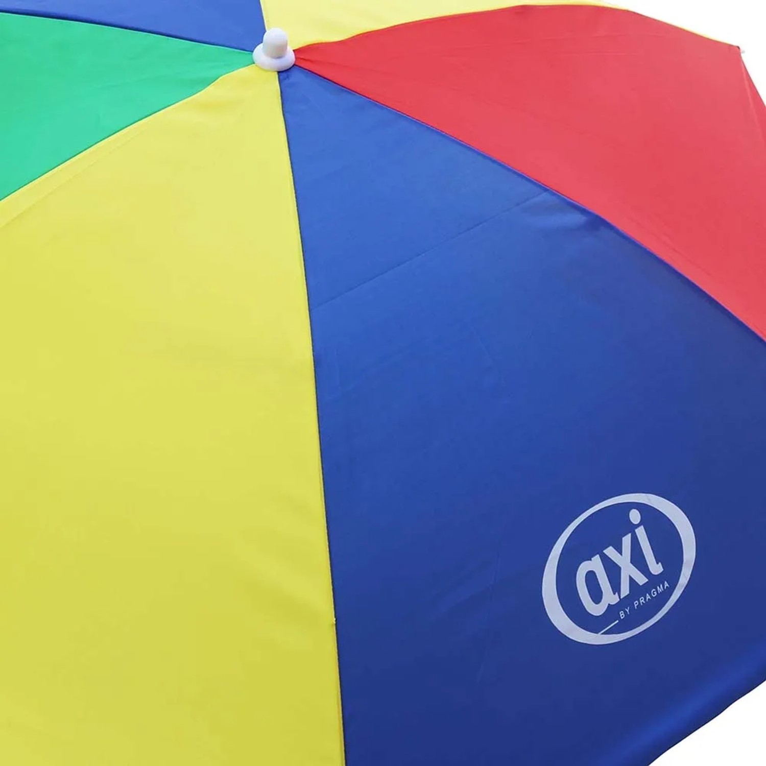 Detailaufnahme Sonnenschirm des Axi Nick Picknicktisch Regenbogen. Bunte Segmente in Gelb, Blau, Rot und Grün.