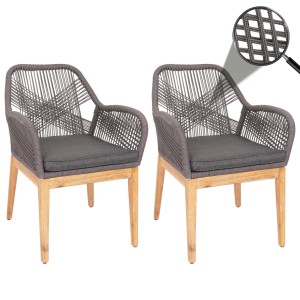 Proregal 2er Set Gartenstühle aus Akazie mit Seilgeflecht und anthrazitfarbenen Kissen.
