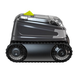 Grauer Zodiac Akku-Poolroboter CNX-Li 5220 iQ mit Raupenantrieb und gelbem Knopf.