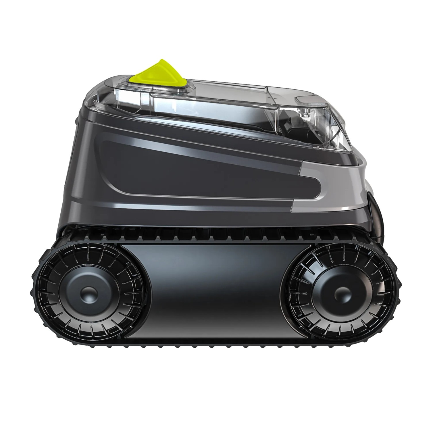 Grauer Zodiac Akku-Poolroboter CNX-Li 5220 iQ mit Raupenantrieb und gelbem Knopf.