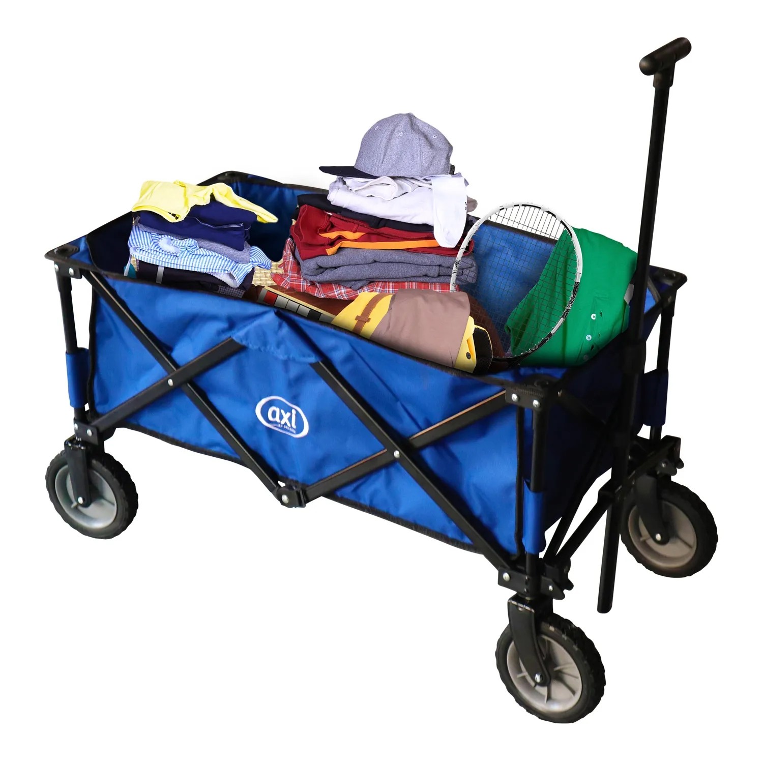 Blauer, faltbarer Axi Bollerwagen AB110, beladen mit Kleidung und Spielzeug.