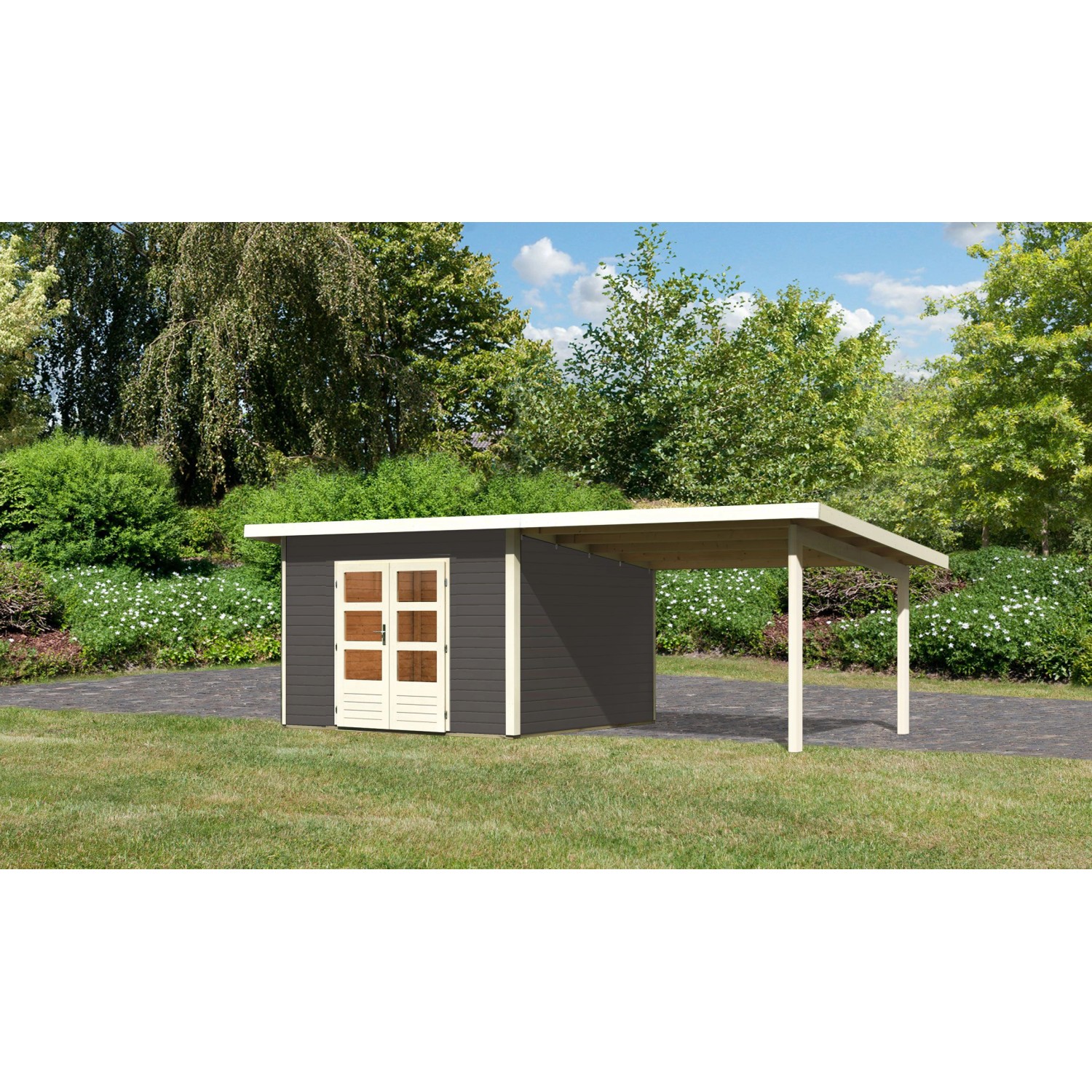 Karibu Holz-Gartenhaus Karlskoga 3 Terragrau Pultdach Lackiert 305 cm x 305 günstig online kaufen