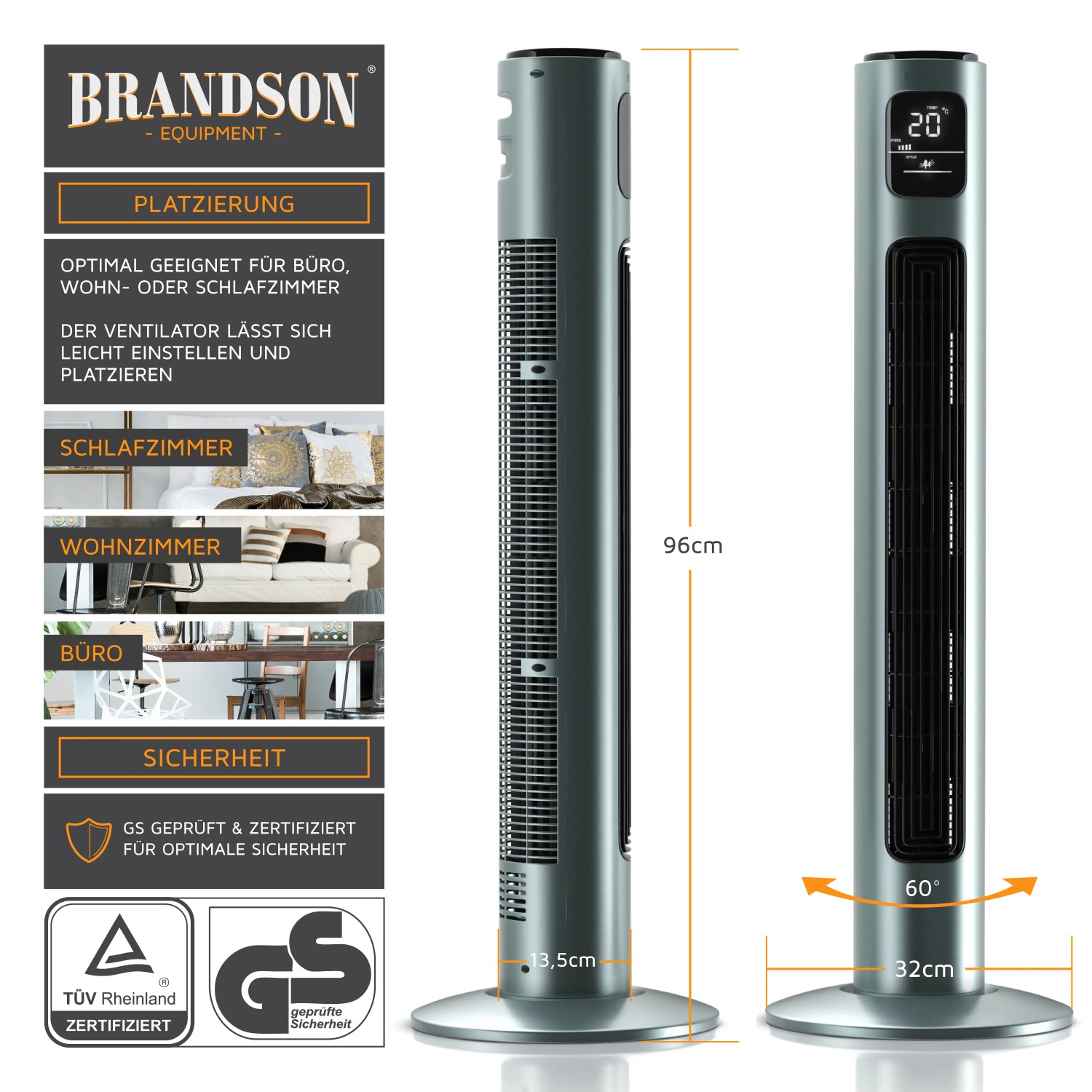 Brandson Turmventilator, 96cm, silbermint, mit Fernbedienung und Oszillation.