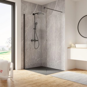 Schulte Walk In Duschkabine Garant 2.0, 90x200 cm, mattschwarzes Profil und Glaswand in moderner Badumgebung.