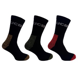 JCB Arbeitssocken Komfort, 3er-Pack, Schwarz, Größe 44-47, mit farbigen Details an Ferse und Spitze.