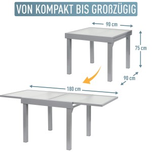 Ausziehbarer, silberner ib style Gartentisch Diplomat (90-180 cm) mit Maßen.