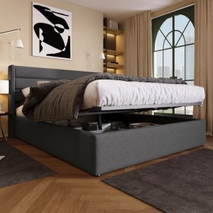 Graues Polsterbett 180x200 mit Stauraum und Lattenrost, ohne Matratze.