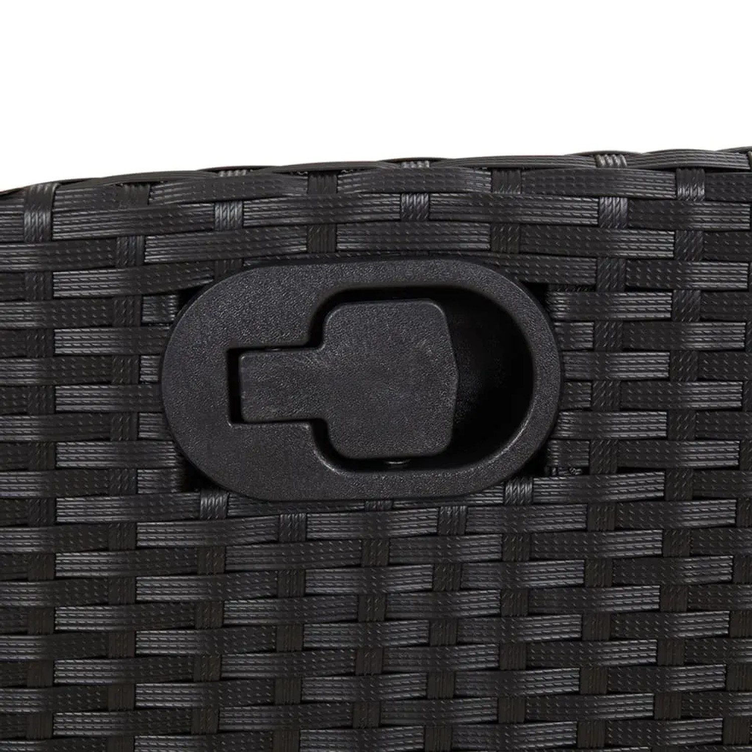Detailaufnahme: Verstellbarer Griff am schwarzen Poly Rattan Gartenstuhl der vidaXL Essgruppe.