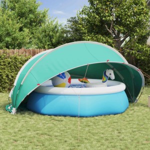 Blauer Pool-Dome (472x460x229 cm) über Planschbecken im Garten.
