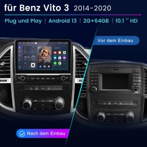 Junsun Autoradio für Benz Vito 3 W447: Modernes Android-Touchscreen-Radio im Armaturenbrett, vorher und nachher.