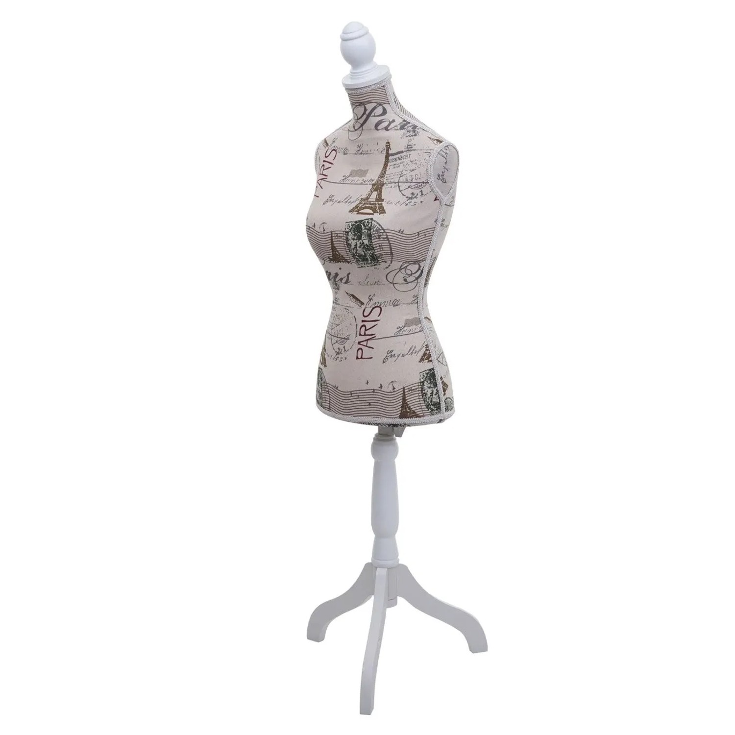 Schneiderpuppe T220 mit Paris-Muster, weiblicher Torso, weißes Holzdreibein, höhenverstellbar. Dekorative Figur.