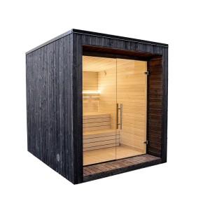 Weka Saunahaus Luua Cube: Schwarzes Holz, Glasfront, zwei Liegen. Sauna ohne Ofen.