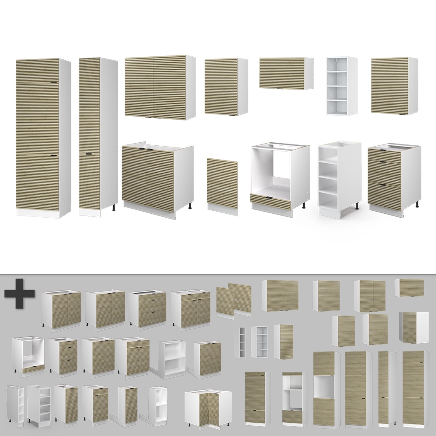 Vicco Fame-Line Küchenzeile 355 cm in Eiche Paneel/Weiß, ohne Arbeitsplatte.