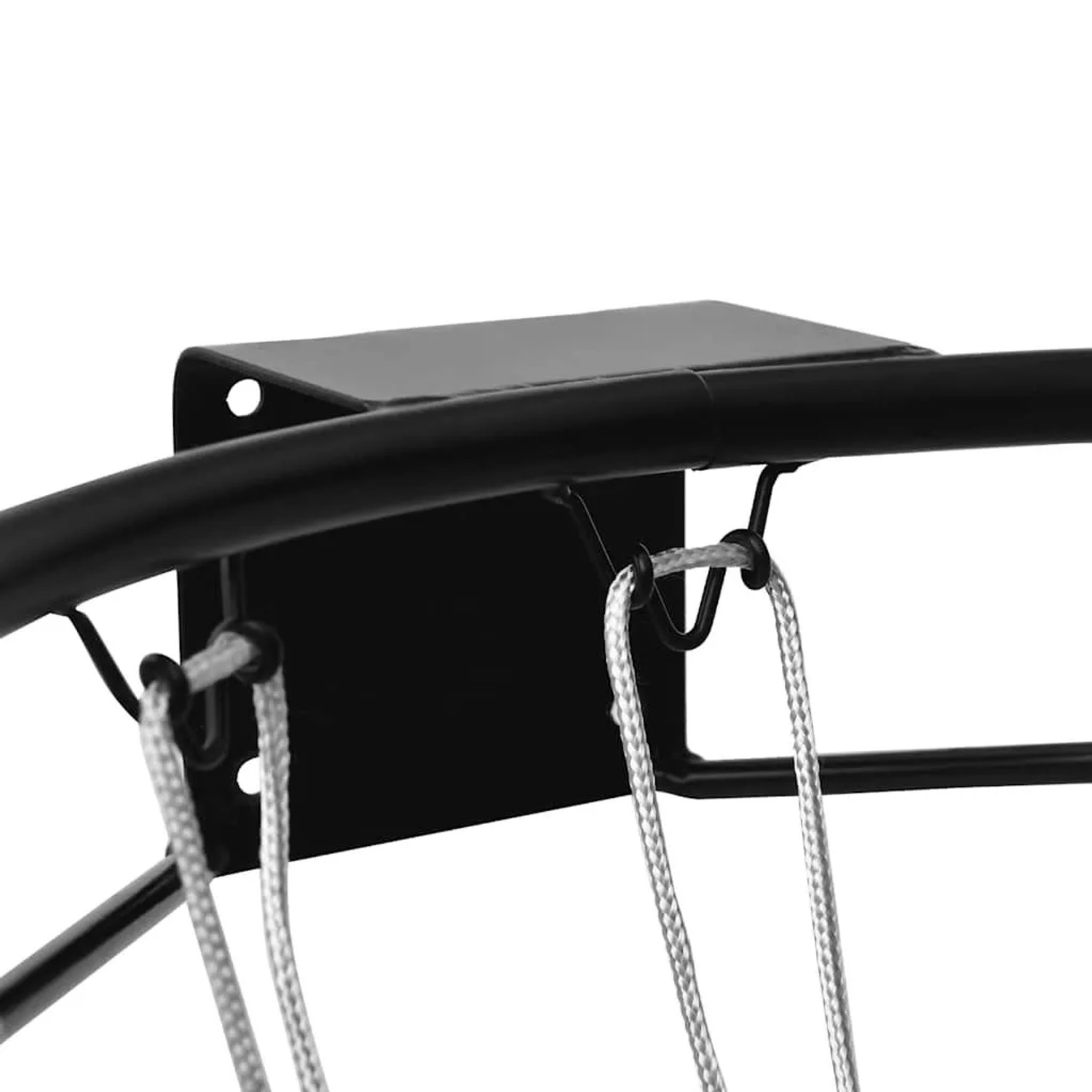Schwarzer vidaXL Basketballring aus Stahl, 45 cm, mit weißem Nylonnetz zur Wandmontage für Sport & Fitness.