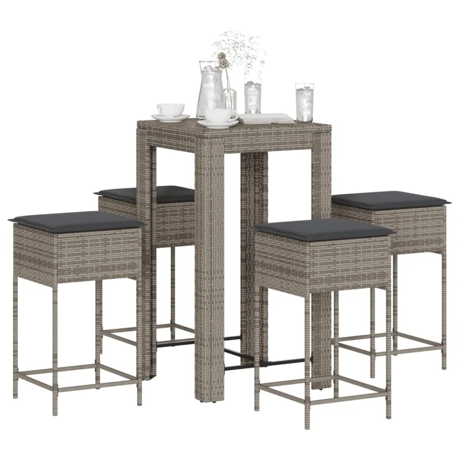 vidaXL Gartenbar-Set, 5-teilig, grau, Poly Rattan mit Tisch und 4 Hockern mit Kissen.