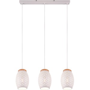 Weiße, 3-flammige Reality Pendelleuchte Bidar mit Holzdetails für gemütliches Licht.