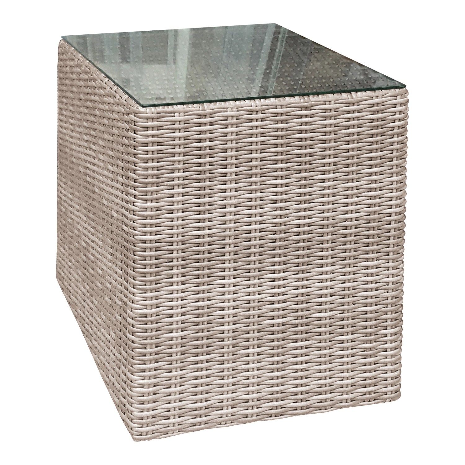 Tisch aus dem Lounge-Set Olea: Polyrattan in Sand mit Glasplatte. Gartenmöbel für entspannte Stunden.