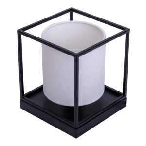 Näve Tischleuchte Beta, weiße Textillampe in schwarzem Metallrahmen, 17x15x15 cm.