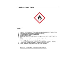 Presto PTFE-Spray 400 ml für Lackreparatur und Karosserie, mit Warnsymbol.