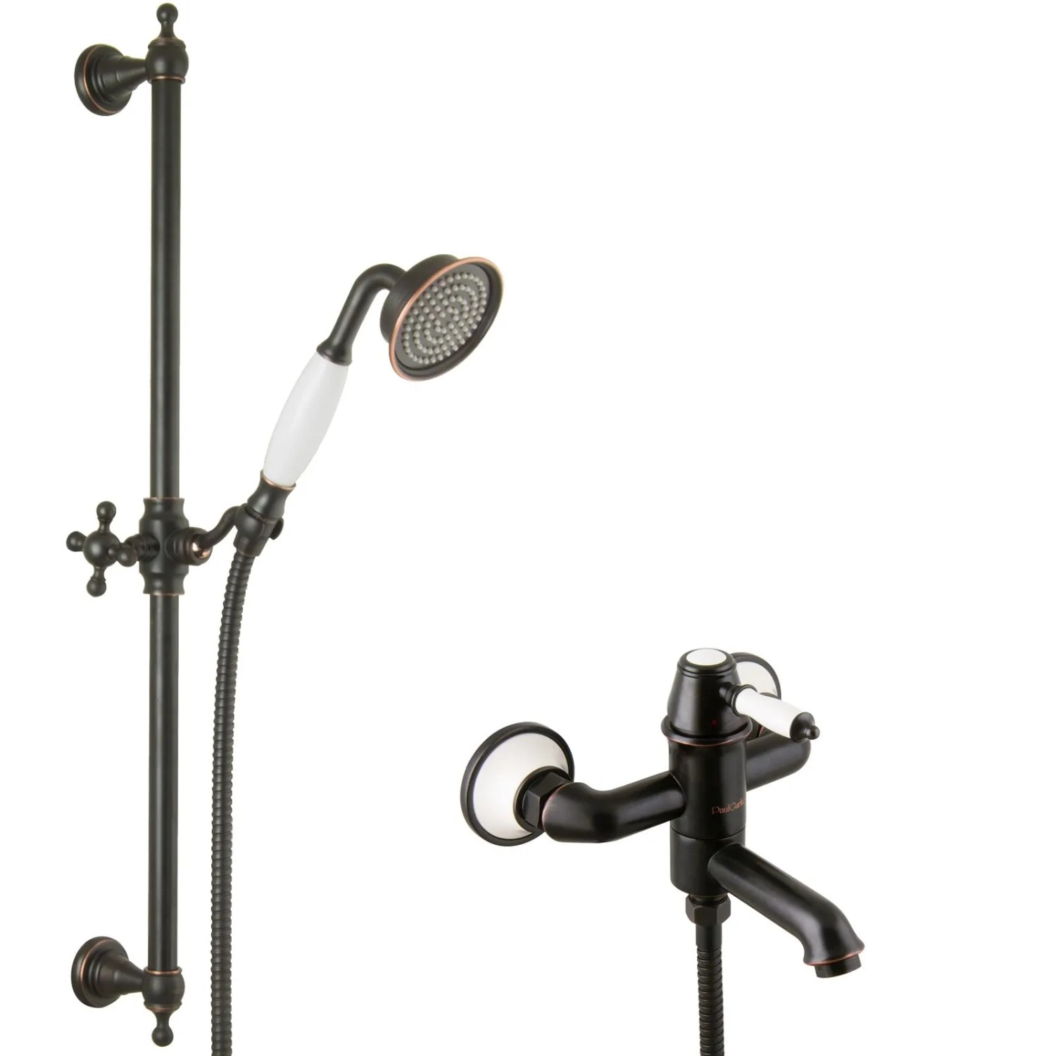 PaulGurkes Nostalgie Wannenarmatur Aufputz Retro Schwarz Armatur Duschstange Set