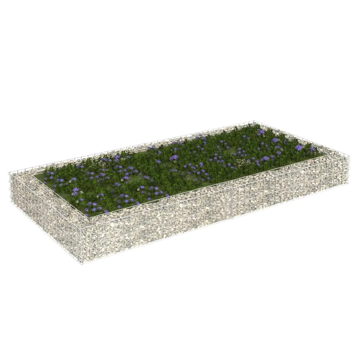 Rechteckiges Gabionen-Hochbeet aus Stahl, gefüllt mit Steinen und bepflanzt mit Blumen.