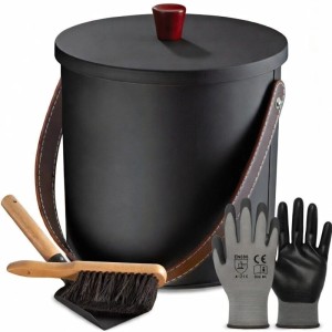 BLACK OAK Ascheeimer TOBA 5L Set mit Deckel, Schaufel, Handfeger und Handschuhen für Kamin und Grill.