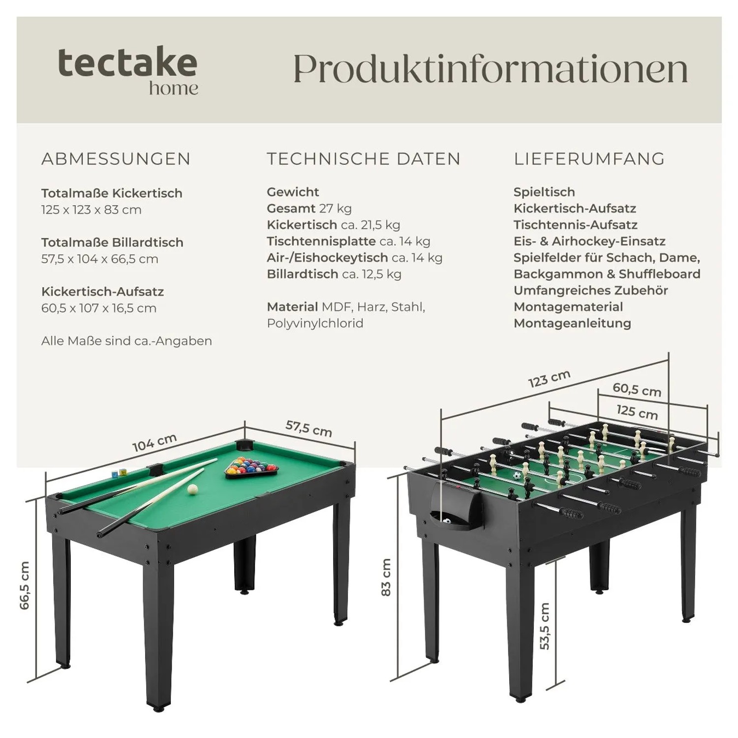 Tectake Multifunktions-Spieltisch Sirgamealot 15In1 mit Billard und Tischkicker, Zubehör inklusive.