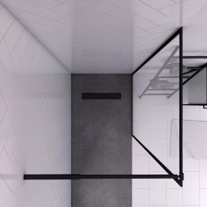 Aurlane Duschwand Factory Walk-In, 90x200 cm, mit schwarzem Rahmen und Klarglas in moderner Bad-Umgebung.