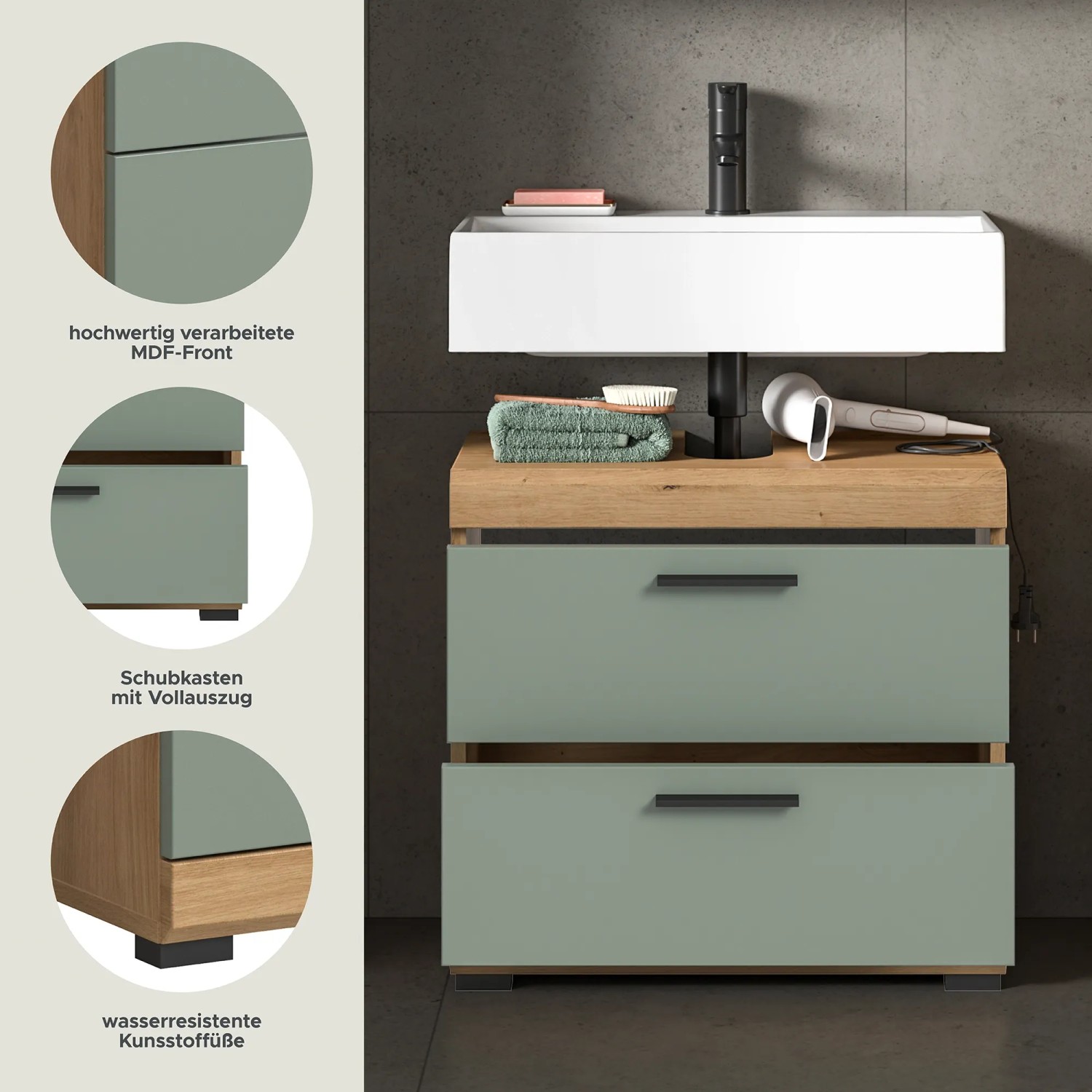 Waschbeckenunterschrank in Salbei mit Schubladen, 60 cm breit.
