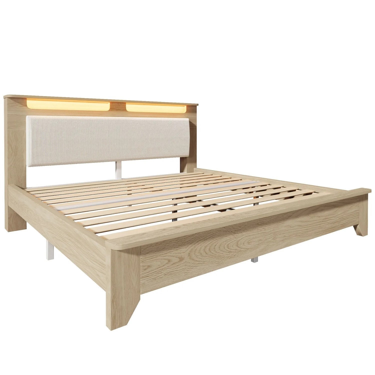 Merax Holzbett 160x200cm LED Stauraum Beige Eiche