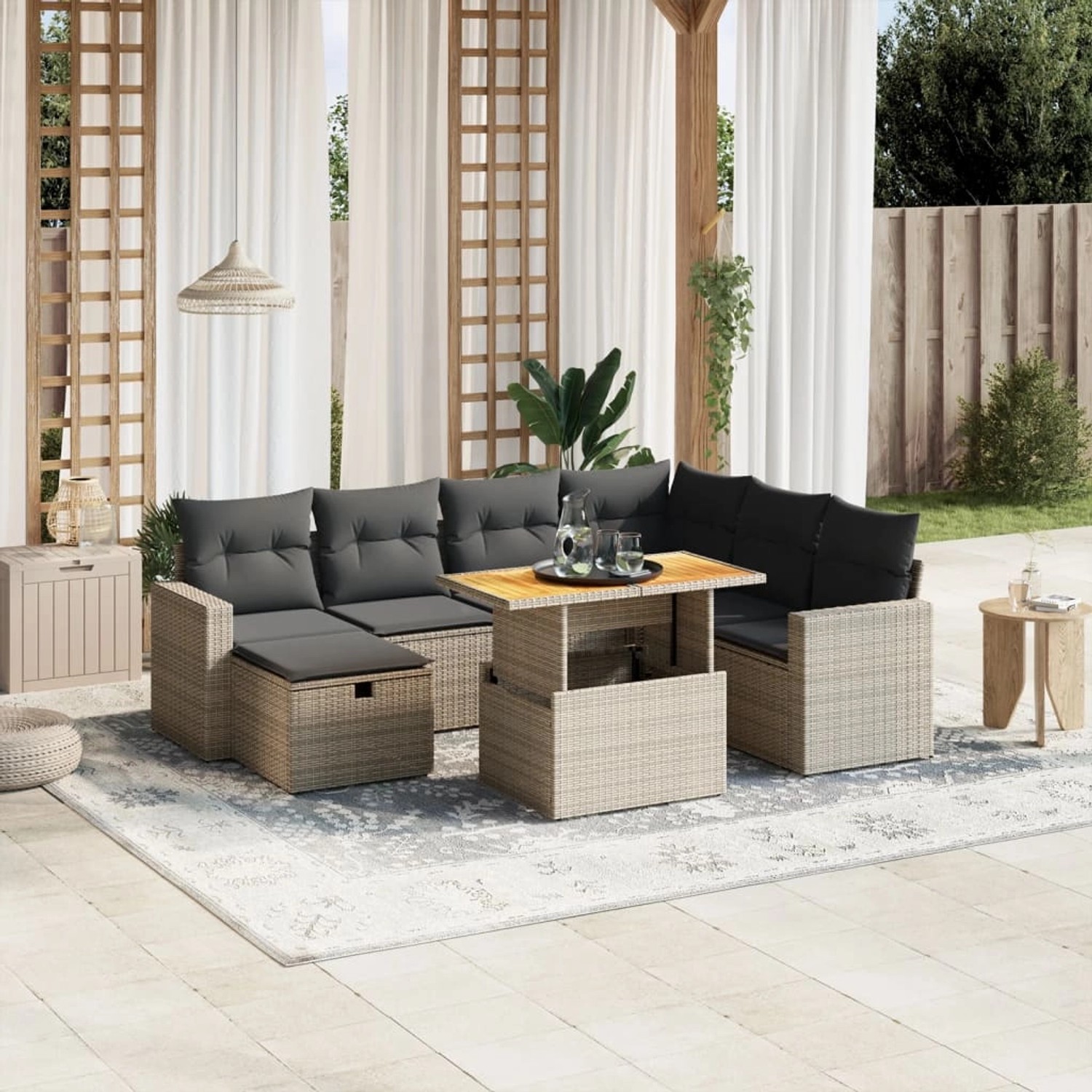 Graue 8-tlg. vidaXL Garten-Sofagarnitur aus Poly Rattan mit Kissen und höhenverstellbarem Tisch.