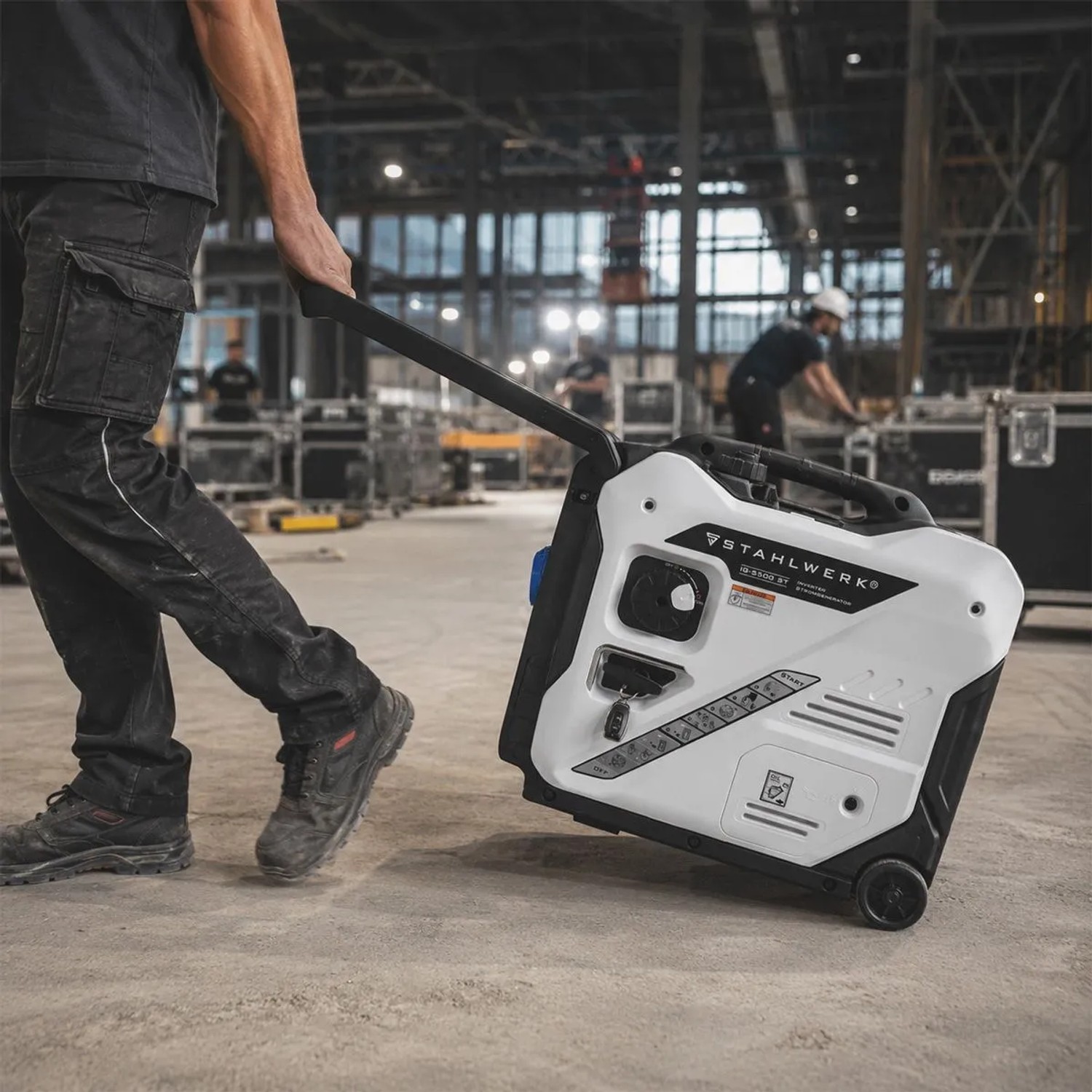 Person zieht mobilen STAHLWERK IG 5500 ST Inverter Stromgenerator 5,5 kW mit Rädern auf Baustelle.