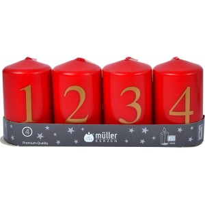 Adventskerzen-Set: 4 rote Stumpenkerzen mit goldenen Zahlen (1-4), Ø 5,5 cm, 9 cm hoch.