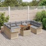Beiges 10-teiliges vidaXL Garten-Sofa-Set aus Poly Rattan mit Tisch und grauen Kissen.