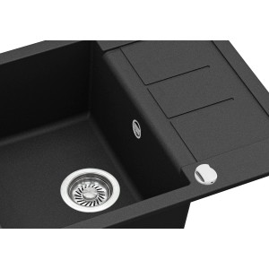 Schwarze Helika Einbauspüle aus Granitverbundstoff, 62x50 cm, Detailansicht.