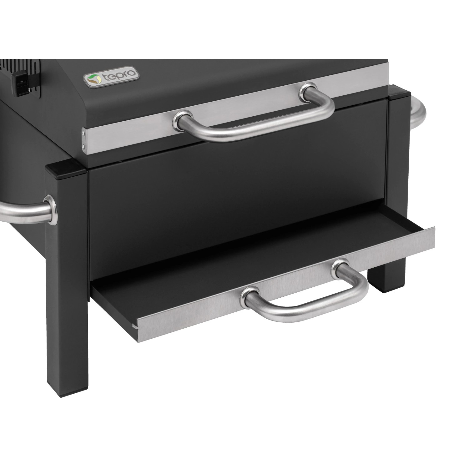 Detailaufnahme: Schwarzer Tepro Toronto Holzkohlegrill Easy mit Ablage.
