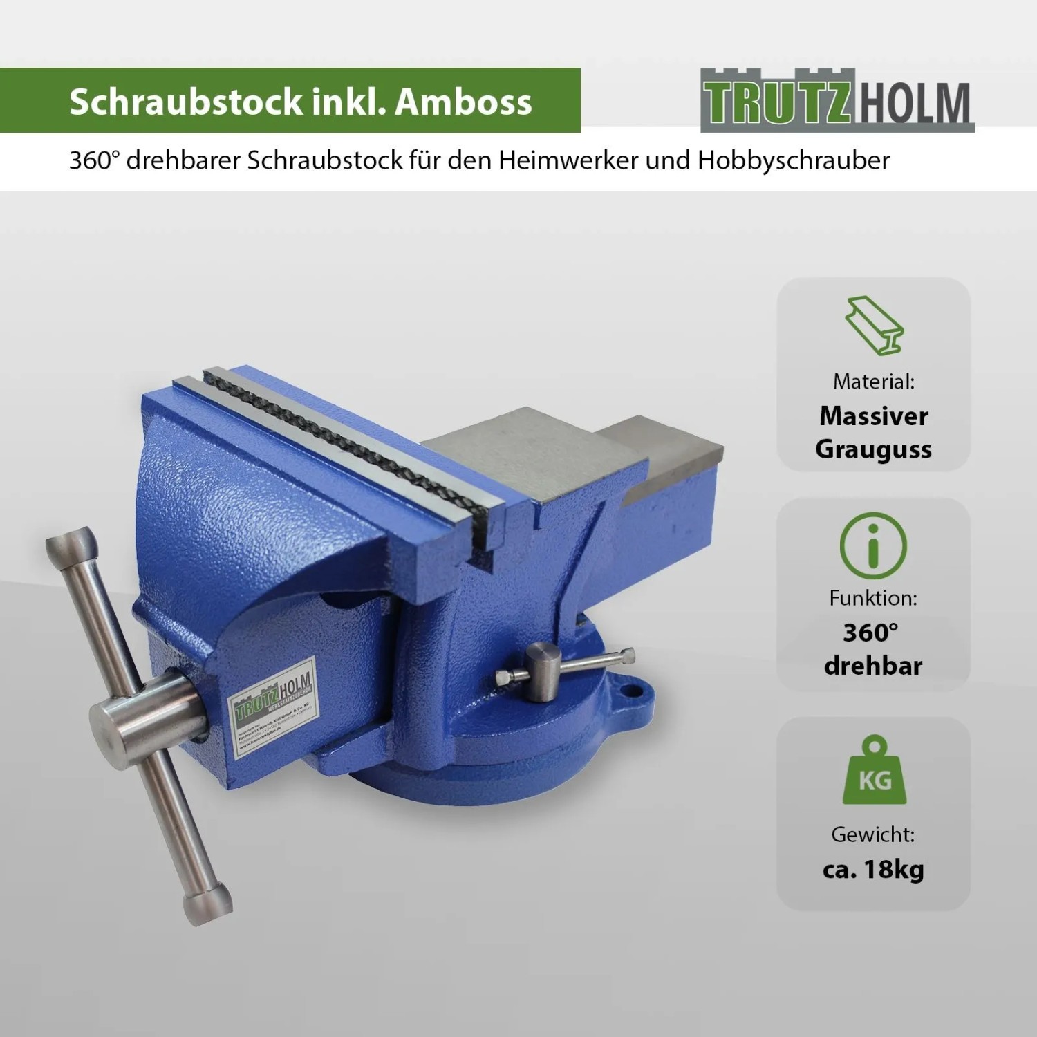 Blauer TRUTZHOLM Schraubstock, 200mm, drehbar mit Amboss für Werkbank.