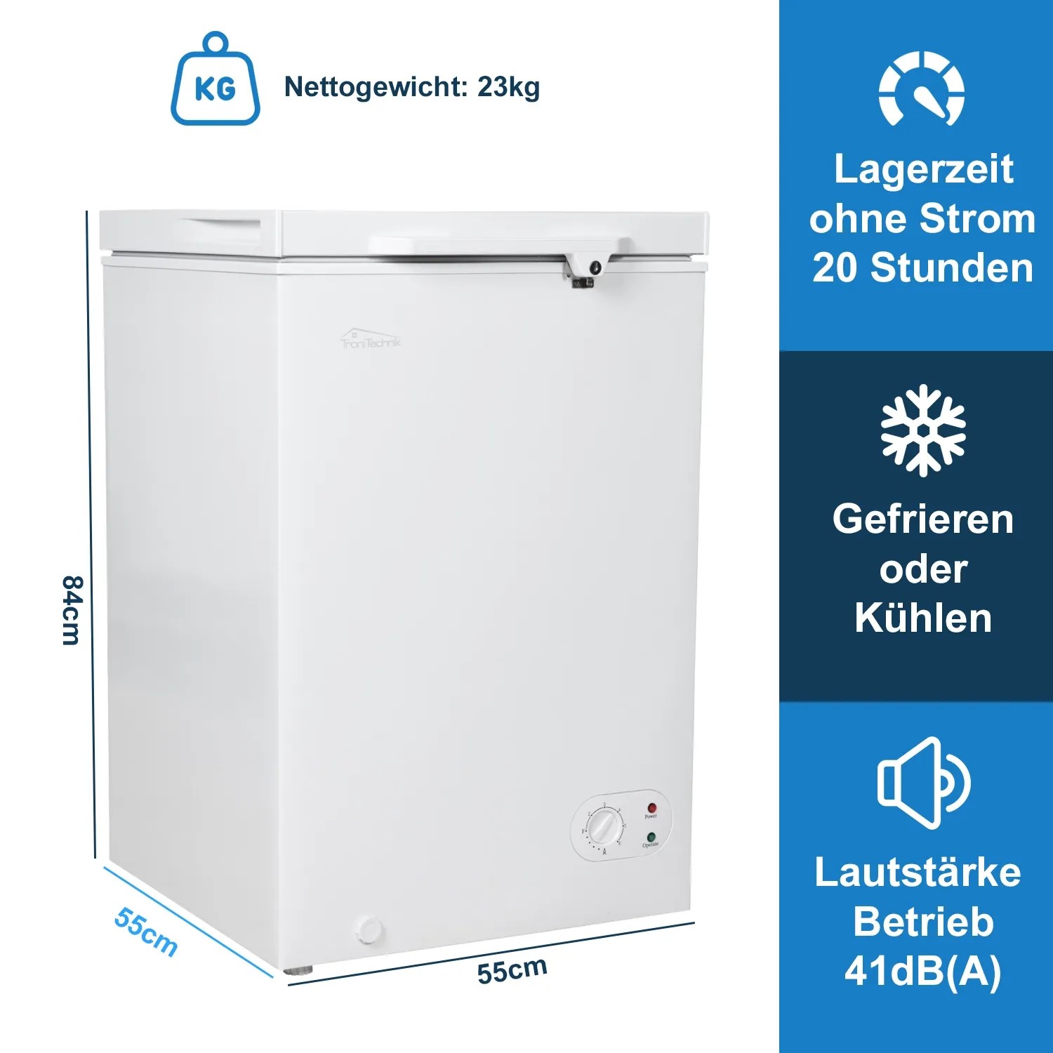 Weiße Tronitechnik Gefriertruhe Borgar Pro, 110 Liter, mit Temperaturregler. Kühltruhe für Gefrieren oder Kühlen.
