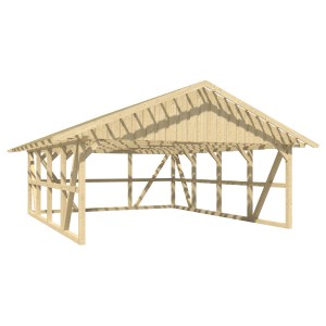 Skan Holz Carport Schwarzwald mit Dachlattung und Rückwand aus naturbelassenem Holz.