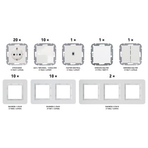Elektromaterial Schalterserie Leonie, 55-teiliges Set mit Schaltern, Steckdosen und Rahmen in Weiß Glänzend.