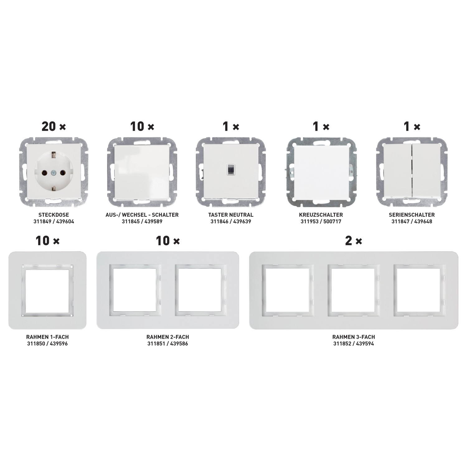 Elektromaterial Schalterserie Leonie Weiß Glänzend Set 55-teilig