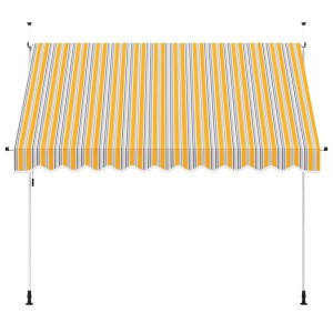 Gelb-blau gestreifte, handbetriebene Einziehmarkise, 300 cm breit, mit weißem Rahmen. Ideal für Terrasse oder Balkon.