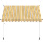 Gelb-blau gestreifte, handbetriebene Einziehmarkise, 300 cm breit, mit weißem Rahmen. Ideal für Terrasse oder Balkon.
