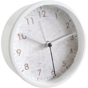 Weiße Wall-Art Tischuhr Modern mit Weckfunktion, Ø 11 cm. Kompakte Uhr für Tisch oder Regal.