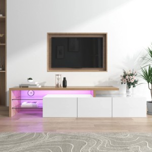 okwish TV Schrank mit Stauraum Glasböden LED Holzoptik 197.5x39x42cm Weiß