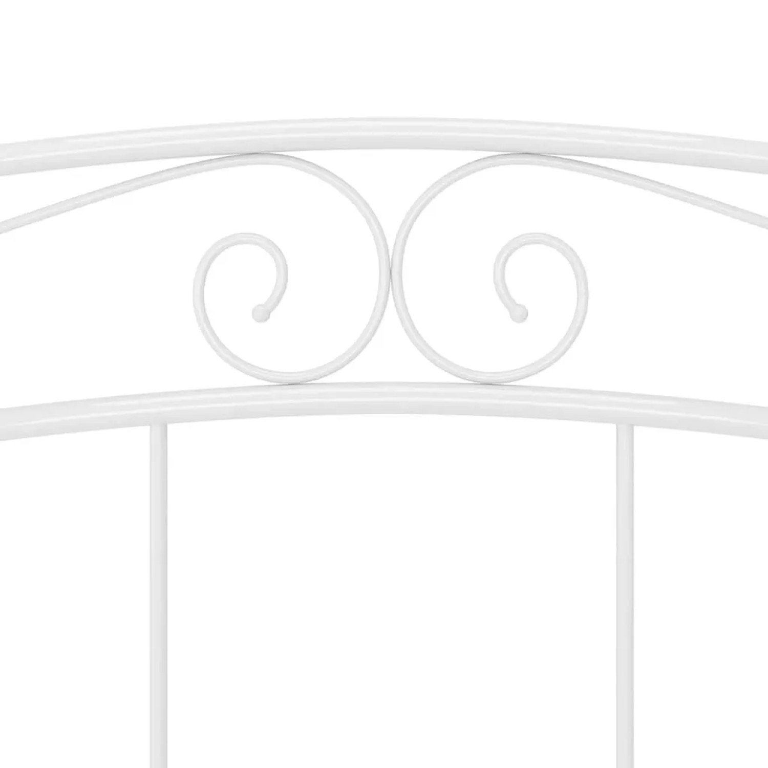 Detailansicht: Weißes Metallbett 140x200 cm mit geschwungenem Kopfteil.