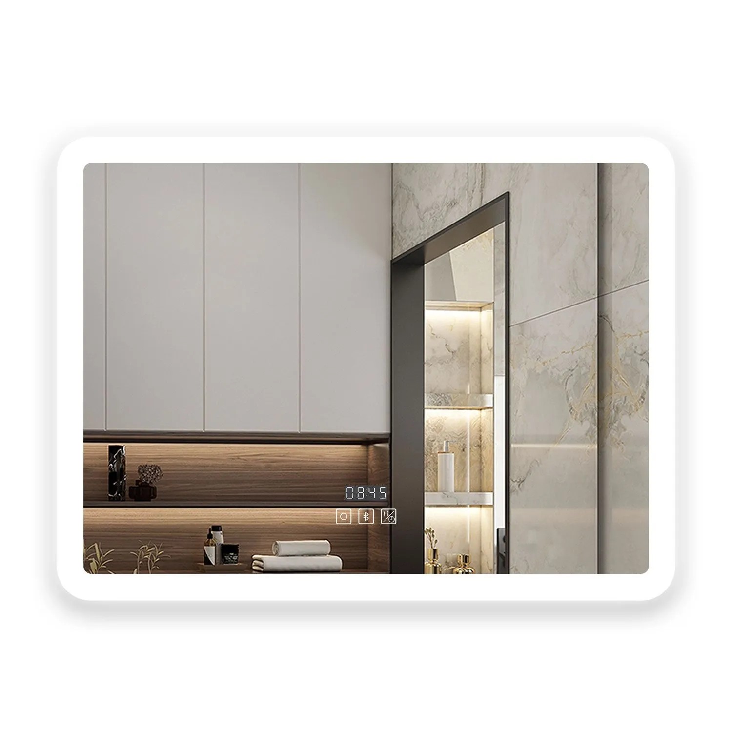 Aica Sanitär Badspiegel mit Bluetooth Uhr 70x50 cm Spiegel mit LED Beleuchtung Neutral-Warm-Kaltweiß Dimmbar Memory Touch Wandschalter Beschlagfrei