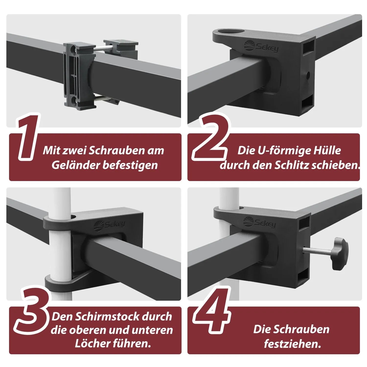 Montageanleitung für Sekey Balkon Schirmhalter: Befestigung am Geländer in vier Schritten.